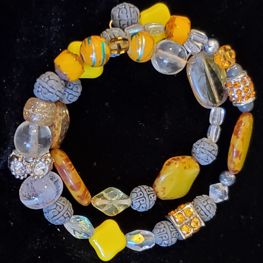 Yellow, gold and gray beaded wrap bracelet with rhinestones